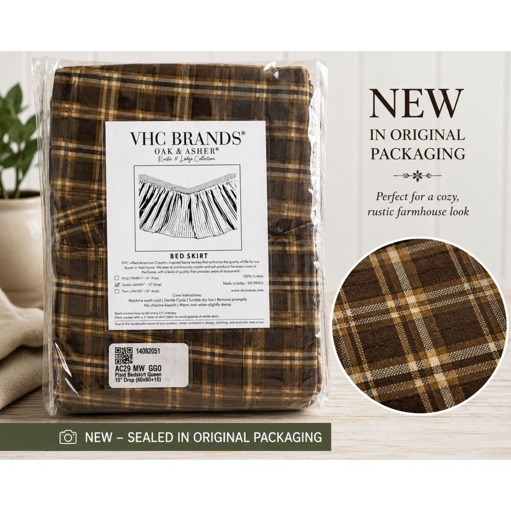 VHC Brands Oak & Asher Queen Bed Skirt Plaid Cotton Farmhouse NEW 16" Drop